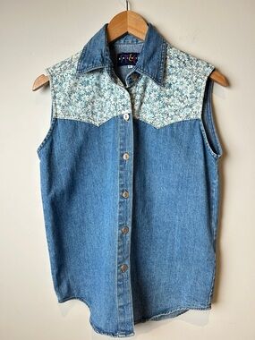 90’s Vintage Denim Sleeveless Button-Up Shirt with Floral Yoke Coastal Cowgirl